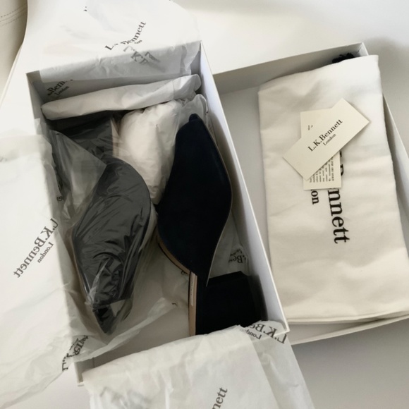 L. K. Bennet Navy Suede Jagoda Mule Heel Sandals - Picture 5 of 8